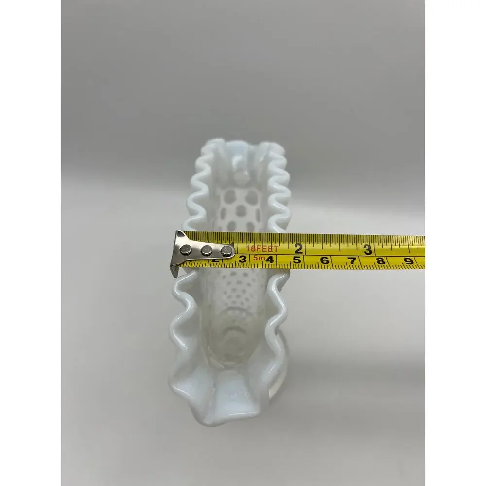 Vintage‎ Fenton White Clear Opalescent Rim Hobnail 1950s Fan Glass Vase 6x6